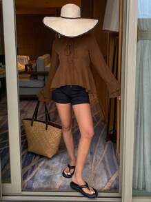 DAZY Vacation Ruffle Trim Bell Sleeve Tie Waist Loose Solid Color Women Shirt,Fall Women Clothes Long Sleeve Top - Coffee Brown - View 3