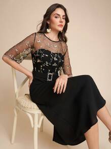 SHEIN Clasi Women's Embroidered Mesh Patchwork Dress, Elegant For Party WearGraduation Women Wedding Guest Dresses Women Beach Wear Women Resort Wear Sundresses Women Birthday Dresses Holiday Capes/Capes - Black - View 6