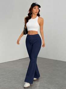 SHEIN PETITE Quần thể thao cạp trễ co giãn có dây rút, quần ống loe, quần nỉ giữ nhiệt, nhung tổng hợp, thích hợp cho mùa thu đông - Màu xanh hải quân - Xem 3