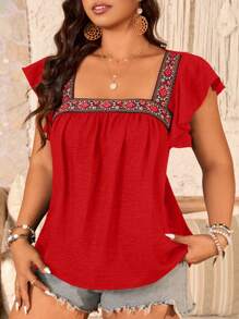 Breezaya Plus Size Women Red Sequin,Summer,Boho,Vacation,Holiday Blouse,Textured Square Collar Ribbon Cap Sleeve Colorful Embroidered Elegant Artistic Top - Red - View 1