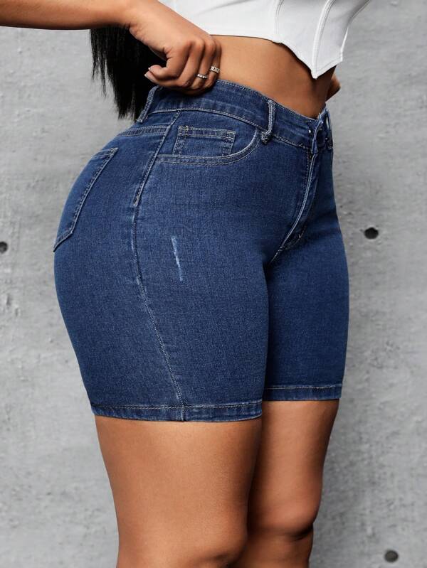 SHEIN SXY Plus Size Denim Shorts, Casual, Tight-Fitting, Stretchy, Spring/Summer