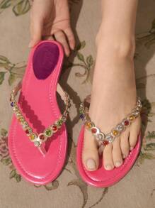 CUCCOO TILAWA Women's Fashion Summer Crystal Decorated Flat Sandals - Pink - View 1