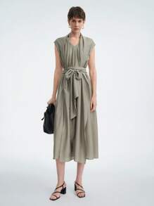 Aalyst Đầm thường ngày cổ chữ V rộng rãi có thắt lưng có túi cho nữ, phong cách châu Âu và Mỹ, phù hợp để đi làm hàng ngày, tụ tập thường ngày, mua sắm và các dịp khác, mùa hè, thoải mái và tiết kiệm chi phí - màu xanh lá - Xem 6