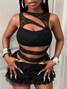 BamGleam Sexy, hohles, kontrastierendes Spitzen-Camisole-Top für Damen mit schmaler Passform für den Sommer