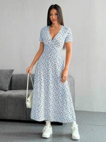 SHEIN PETITE Đầm Maxi Mùa Hè Cổ Chữ V Họa Tiết Hoa Tay Ngắn Cho Nữ (Cắt Ngẫu Nhiên) Trang Phục Nữ - Nhiều màu - Xem 3