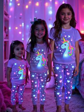 Tween Girls Unicorn Printed Crew Neck Short Sleeve Top And Skinny Pants 2 Pieces Casual Pajama Set, Pink