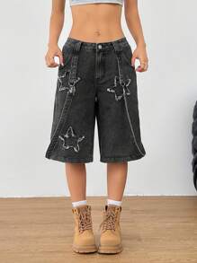 SHEIN EZwear 女式休闲水洗牛仔星星贴布短裤 - 黑色 - 查看 5