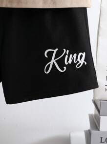 Young Boy 2 Pieces Set Minimalist Letter Graphic Crew Neck Short Sleeve Tee And Shorts Knit Pajamas, Casual & Comfy