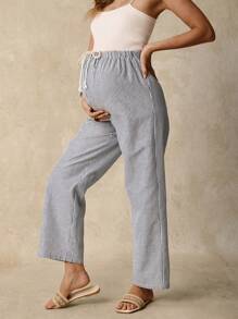 SHEIN Comfortable 100% Cotton Maternity Pants: Blue Striped Casual Long Woven Fabric Drawstring Pants For Everyday Wear