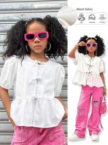 Coolane Conjunto de ropa informal para niñas preadolescentes de primavera/verano, atuendo lindo para vacaciones de primavera, blusas blancas con tirantes con lazo y mangas abullonadas cómodas