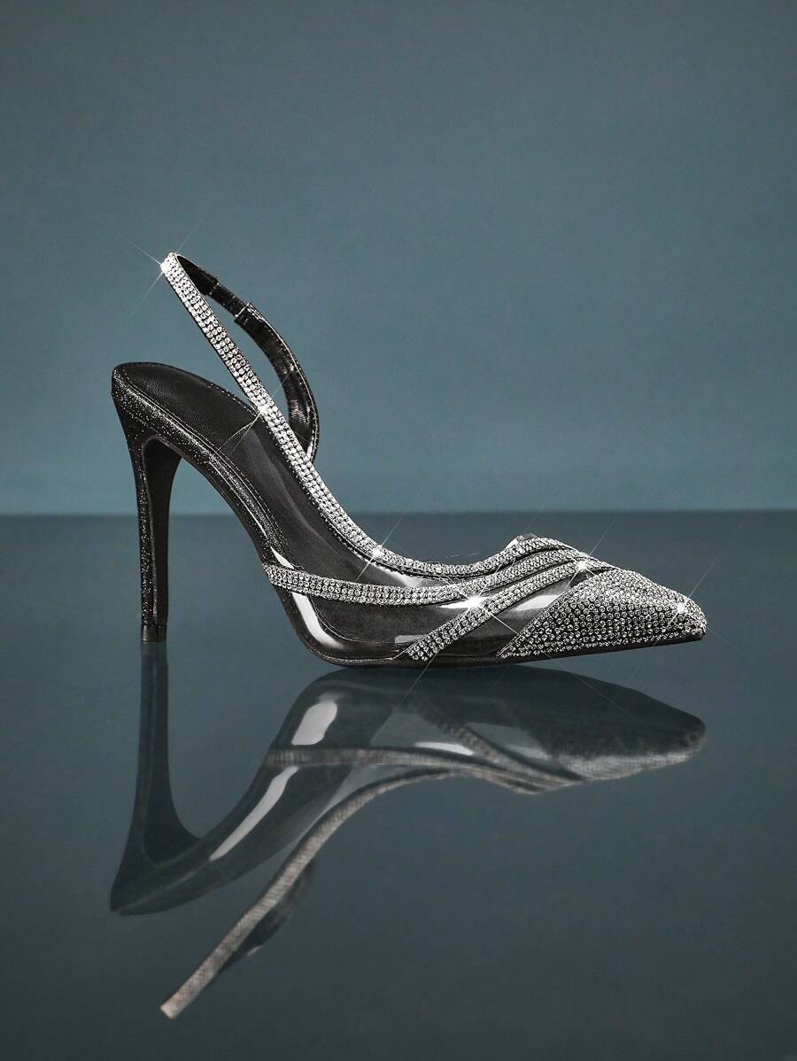 SHUZIA Pointed Tow Slingback Pumps With Rhinestones Decor, Glitter Materials, For Party, Wedding, Prom, Formal Occasions - Black - View 1