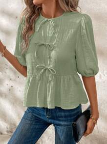 SHEIN Clasi Women's Summer Puff Sleeve Ruffle Hem Cute Peter Pan Collar Tie Front Blouse