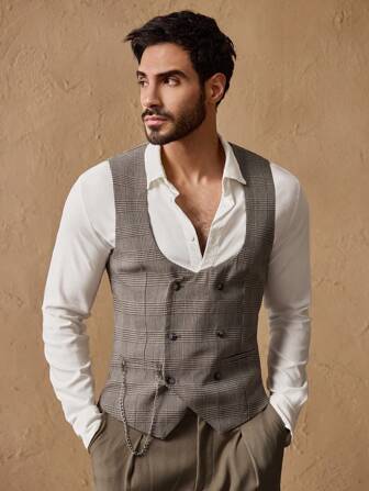 Manfinity ModaGents Gilet de costume slim ajusté à carreaux tissé décontracté pour homme avec décoration de chaîne