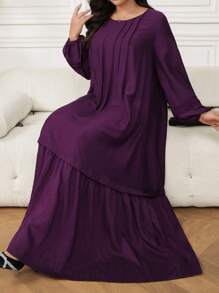 Veilorie Plus Size Women Elegant Everyday Embroidered Solid Color Lantern Sleeve Ruffle Hem Dress,Modest - Purple - View 4