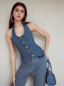 MOTF STUDIO 水钻挂脖牛仔上衣 - 藍色 - 查看 7