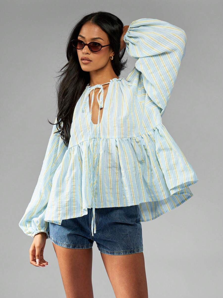 MISSGUIDED 泡泡袖衬衫前系带夏季上衣淡蓝色竖条纹高腰女性海滩度假装春季休闲日间装