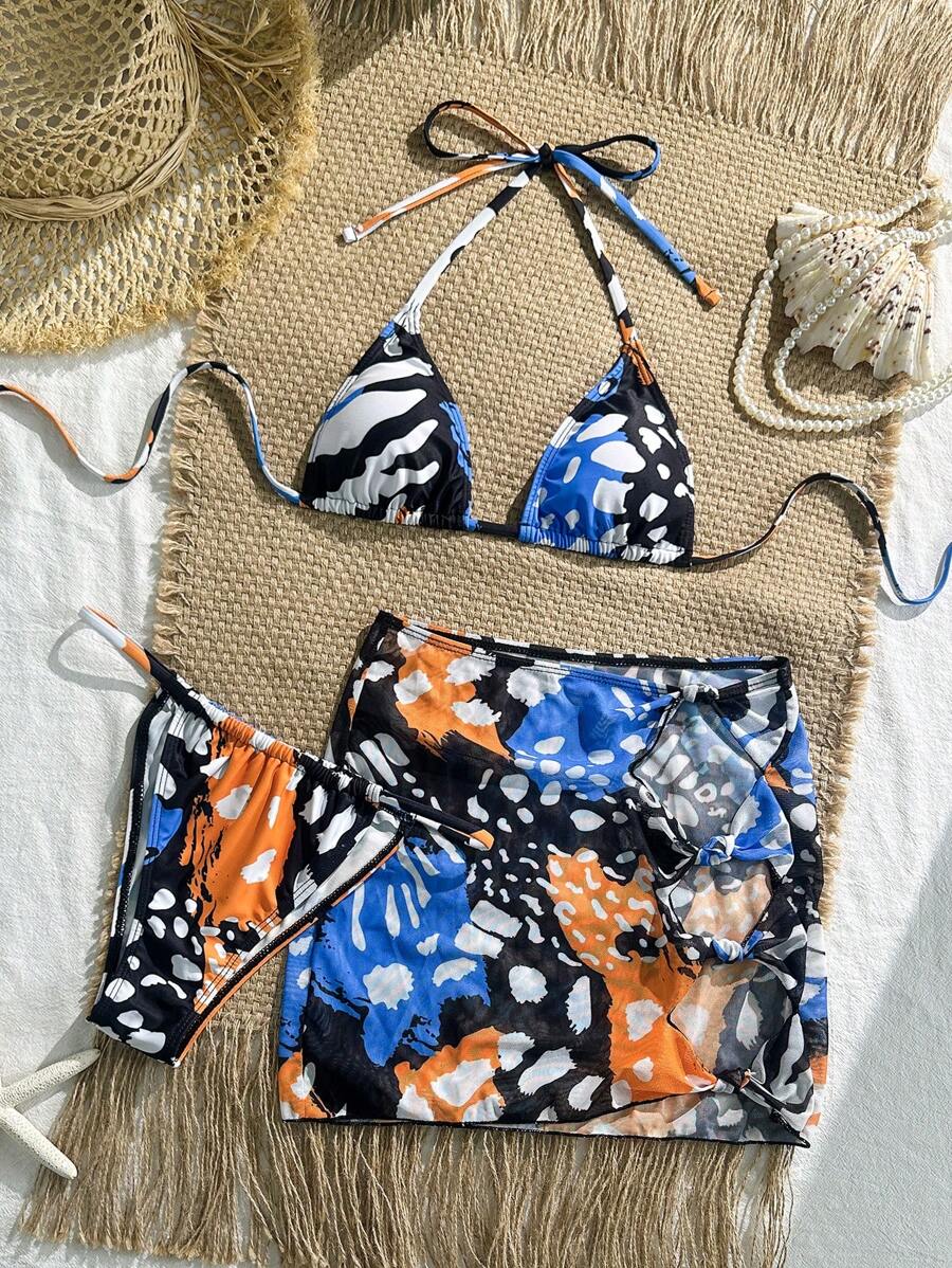 Swim Vcay 3pcs/Set Women Summer New Random Print Micro Triangle Top, Strappy G-String And Hollow Out Twist Beach Dress Swimsuit Sets - Multicolor - View 1