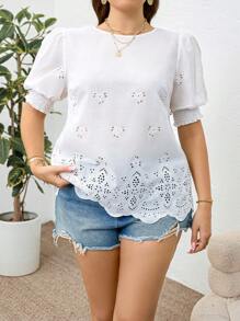 SHEIN Clasi Plus Size French Style Round Neck Solid Color Puff Sleeve Casual Daily Back Lace Splice White Blouse - White - View 3