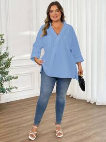SHEIN CURVE+ Áo kiểu nữ cỡ lớn màu trơn, vai rớt, dáng rộng, có túi, phong cách thường ngày, công sở, đi biển, kỳ nghỉ biển, đồ cần thiết khi đi biển, lễ tốt nghiệp, tiệc trà. - Màu xanh lam - Xem 4