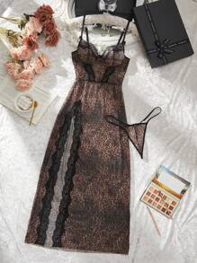 SHEIN 2pcs Women Leopard Print Lace Patchwork High Slit Maxi Dress Set For Going Out - Multicolor - View 6