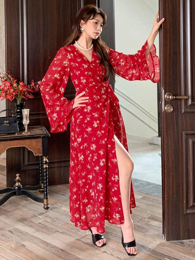 Women Floral Print V-Neck Tied Waist Bell Sleeve Split Hem Long Dress, Red,Fall Dress Long Sleeve Dress Boho