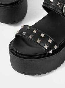 ROMWE Grunge Punk Giày Dark Rock Punk Goth dành cho nữ - Giày sandal đi biển La Mã đính đinh tán, Giày quai, Giày sandal đế dày đế xuồng - màu đen - Xem 8