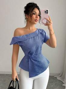 Elenzga 女式春夏斜领短袖条纹度假褶饰休闲衬衫 - 藍色 - 查看 1