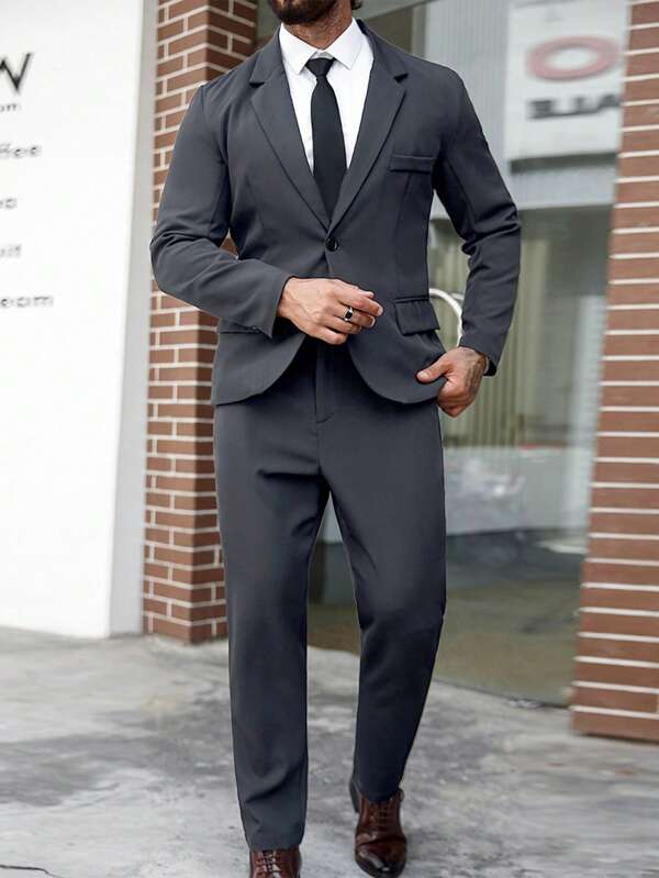 Manfinity Mode Plus Size Men's Casual Suit Set, Minimalist & Fashionable, Suitable For Summer, Man Suit, Grey Suit Men