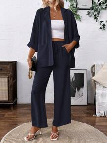 Franclia Linen-Like Casual Jacket & Pants Set Fall Cloth For Women - Royal Blue - View 5
