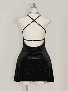 SHEIN ICON Vestido mini con espalda descubierta, cintura ceñida y terciopelo con brillo en talla grande - Negro - Ver 2