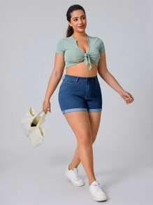 Flexra 大码女式弹力牛仔蓝色性感时尚短裤 - 中等水洗藍 - 查看 3