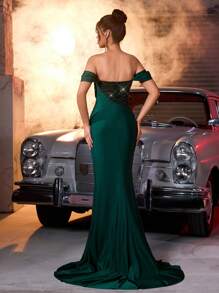 Glamrae Elegant And Gorgeous Dark Green Beads Sequins Stitching Stretch Swimsuit Knitted Fabric Hand-Painted Three-Dimensional Flowers Off The Shoulder Drop Shoulder Sleeves Upper Body Sexy Split Fishtail Dress Suitable For Wedding Events Bachelorette Party Vacation Graduation Season Dance Dinner Dress, Formal, Gown, For Evening, Wedding Guest - Dark Green - View 3