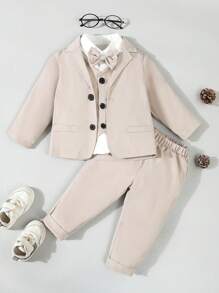SHEIN 4 件套男婴正式绅士装 - 蝴蝶结衬衫 + 背心 + 西装外套 + 裤子，选美表演婚礼套装 - 杏色 - 查看 1