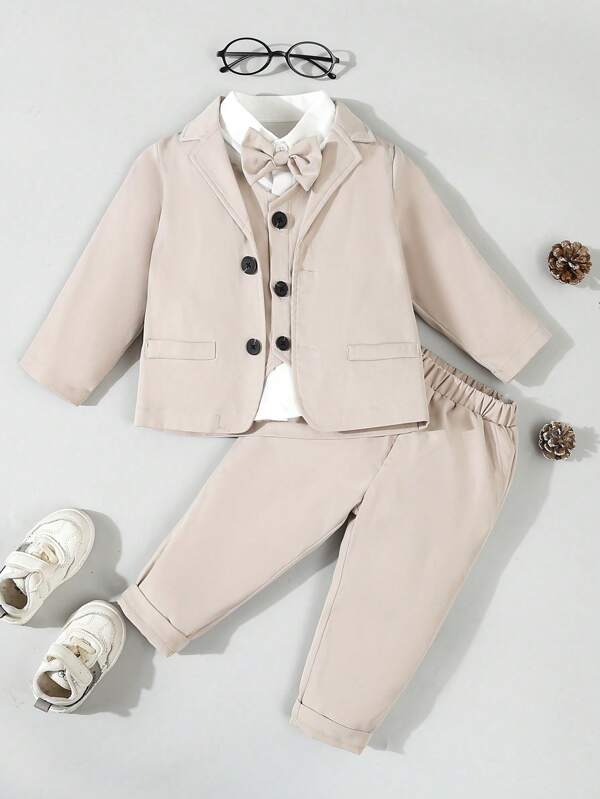 SHEIN 4 件套男婴正式绅士装 - 蝴蝶结衬衫 + 背心 + 西装外套 + 裤子，选美表演婚礼套装