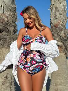 SHEIN Retro Print High Waist Maternity Swimwear Set For Summer Beach Vacation - Multicolor - View 3