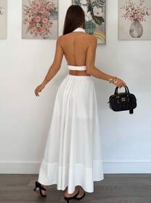 SHEIN Essnce 2 pezzi Set top corto e minigonna di colore tinta unita per donne in estate
