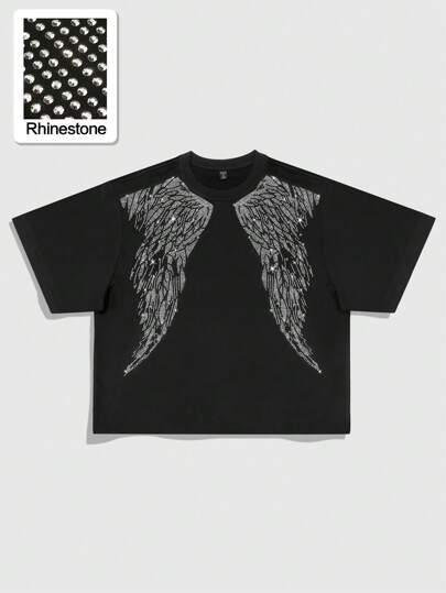 Street Life Men Gothic Loose Fit Short Sleeve T-Shirt With Sparkly Diamond Wing Print, Rave