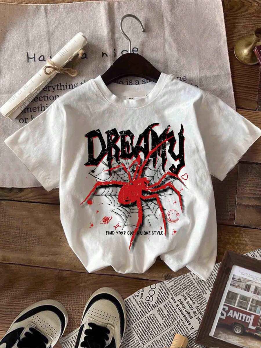 SHEIN Leap Crew Camiseta de manga corta casual para niña preadolescente con estampado simple del logo de araña y cuello redondo, adecuada para outfits de verano - Blanco - Ver 1