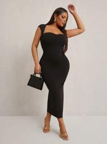SHEIN SXY Robe midi moulante avec dos nu et décolleté en V élégante et sexy pour femmes grandes tailles. Convient pour la saison des mariages, les carnavals romantiques, les vacances, les déplacements, la remise des diplômes, les rendez-vous, la Saint-Valentin, la croisière, les enterrements de vie de jeune fille, les soirées en club, décontractée, pour le shopping, la sortie, facile à assortir et affinante. Met en valeur la silhouette.