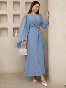 Graceveil Abito elegante da donna a maniche lunghe con scollo tondo, con inserti in rete, colore unito, modesto