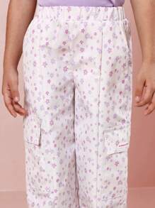 SUMWON Conjunto de conjunto de verano para niñas jóvenes con camiseta acanalada dulce "Amour Paris" y pantalón de carga floral, atuendo para tiempo libre y juego a juego