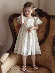 DAZY Young Girl Adorable Floral All-Over Print Bow Decor Formal Party Dress, Girls Summer Outfits - Apricot - View 7