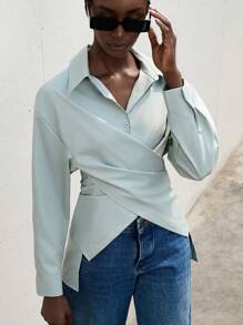 Aveloria Modichic Solid Criss Cross Wrap Front Shirt Workwear  Fall Cloth For Women - Blue - View 2