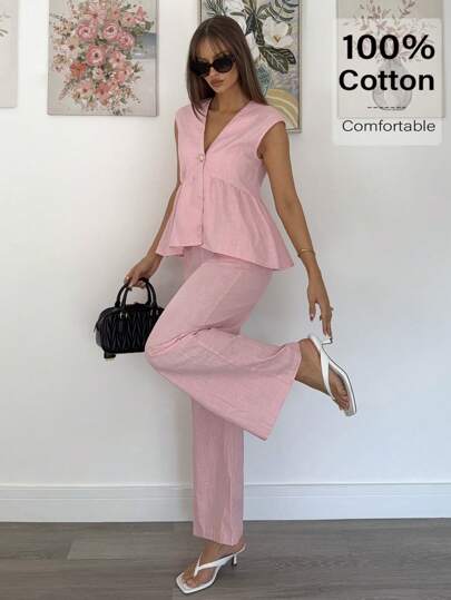 Siren Gaze 2pcs Women Summer Casual Commuter Vest & Pants Set Pink