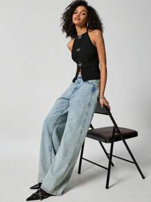 SHEIN EZwear 休閒針織純色修身無袖露背女士背心上衣 - 黑色 - 查看 3