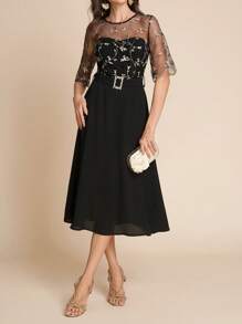 SHEIN Clasi Women's Embroidered Mesh Patchwork Dress, Elegant For Party WearGraduation Women Wedding Guest Dresses Women Beach Wear Women Resort Wear Sundresses Women Birthday Dresses Holiday Capes/Capes - Black - View 7