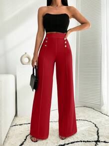 EURMUSE White Wide Leg Pallazzo Pant With Button Detail - Red - View 7