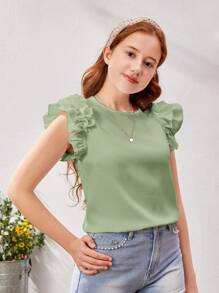 SHEIN Teen Girls Plain Frill Trim Casual Round Neck Shirt - Green - View 4