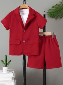 Boys' Gentleman Style Casual 2Pcs Set - Loose Fit Short Sleeve Blazer And Shorts, For Spring & Summer, Daily Wear - Red - View 3