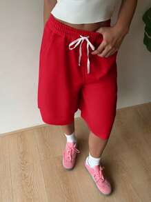 SHEIN EZwear Women's Red Knit Casual Loose Cropped Wide Leg Pants, Summer Red Shorts Wide Leg Shorts Casual Shorts Shorts For Women Comfy Long Shorts For Women Bermuda Shorts Women Red Shorts Women Women's Shorts Summer Woman Summer Outfits Women Shorts Casual - Red - View 5